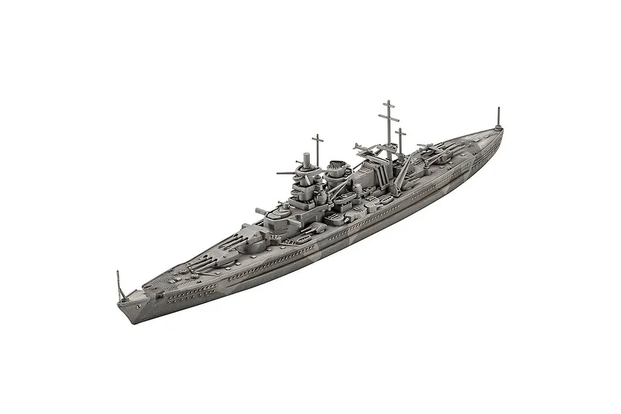 A high-angle studio shot of an assembled and painted 1/1200 scale Revell Gneisenau battleship model kit on a white background.