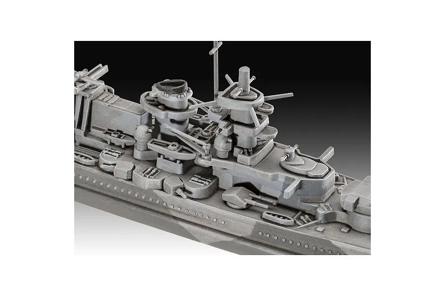 Close-up of the central superstructure and deck details of a 1/1200 scale Revell Gneisenau battleship plastic model kit.
