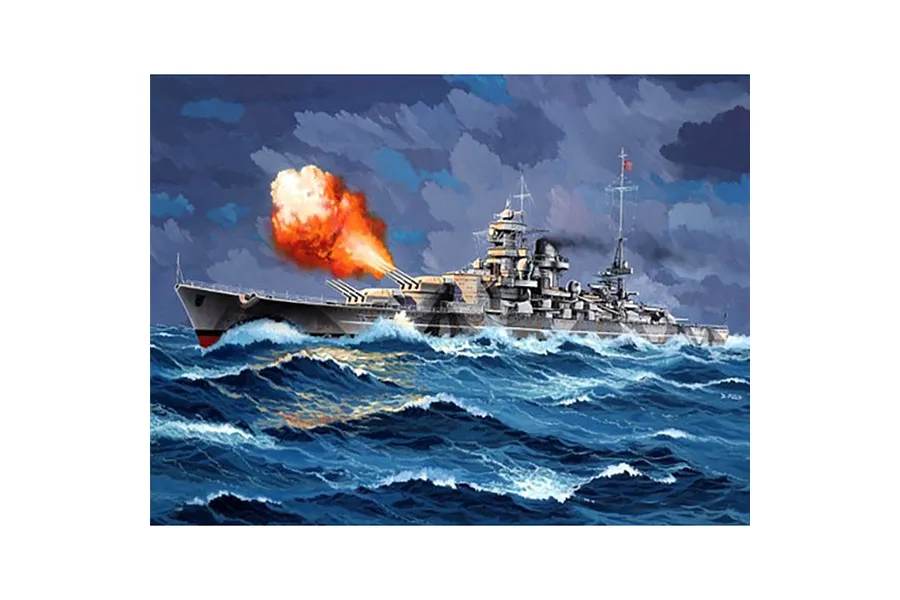 An artistic illustration of the Gneisenau battleship firing its main guns at sea under a stormy sky.