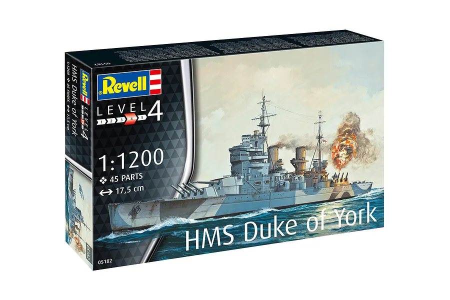 Revell 1/1200 scale HMS Duke of York battleship plastic model kit box showing artwork of the ship at sea.