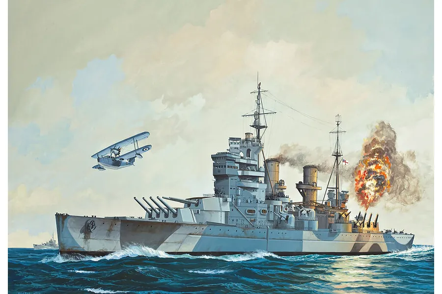 An artistic illustration of the HMS Duke of York battleship at sea with a biplane flying overhead and smoke from its guns.