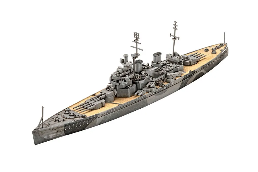 A high-angle studio shot of a fully assembled and painted 1/1200 scale plastic model of the HMS Duke of York battleship on a white background.