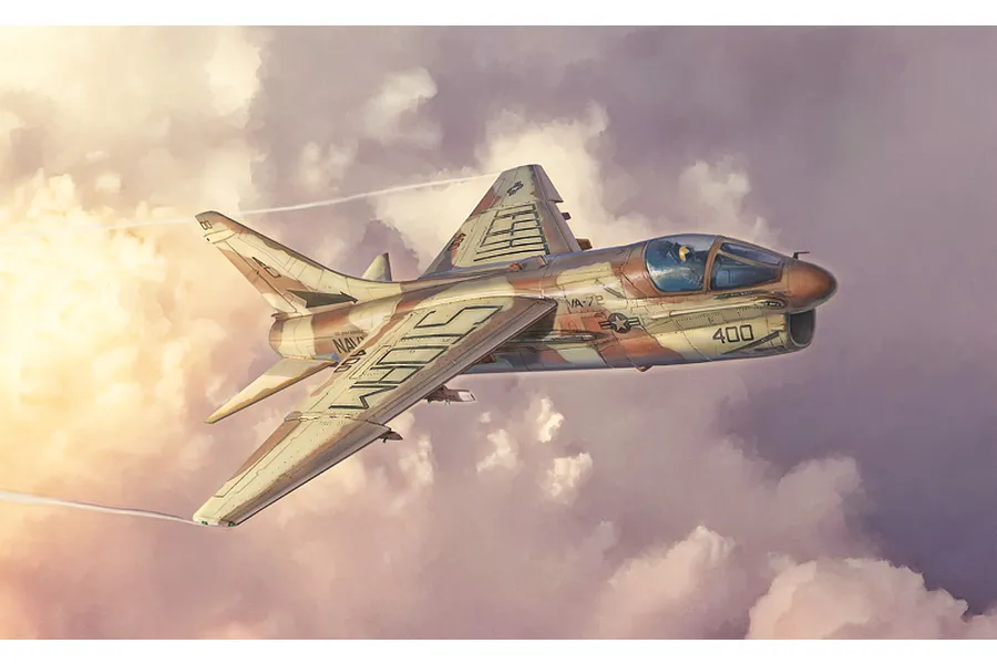 An artistic illustration of an A-7E Corsair II military aircraft flying through clouds, featuring a desert camouflage paint scheme.
