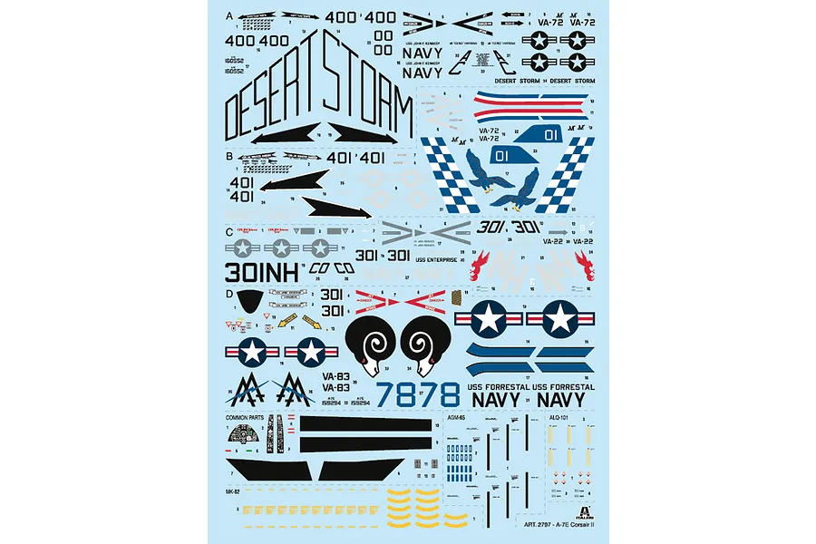 A decal sheet for an Italeri 1/48 scale A-7E Corsair II model kit, featuring various military markings, squadron logos, and technical stencils.