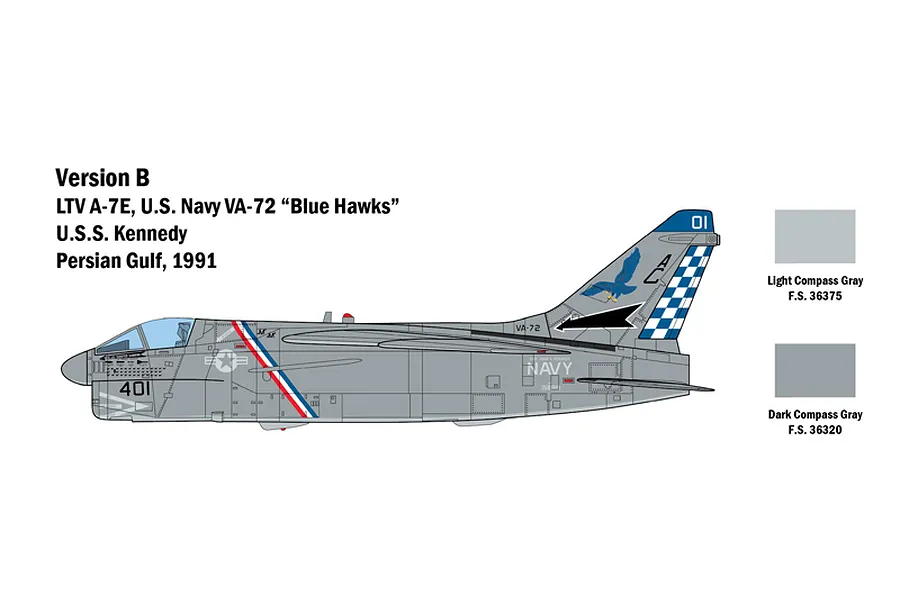 A technical illustration showing the side profile of an LTV A-7E Corsair II aircraft in VA-72 Blue Hawks livery, including color swatches for painting.