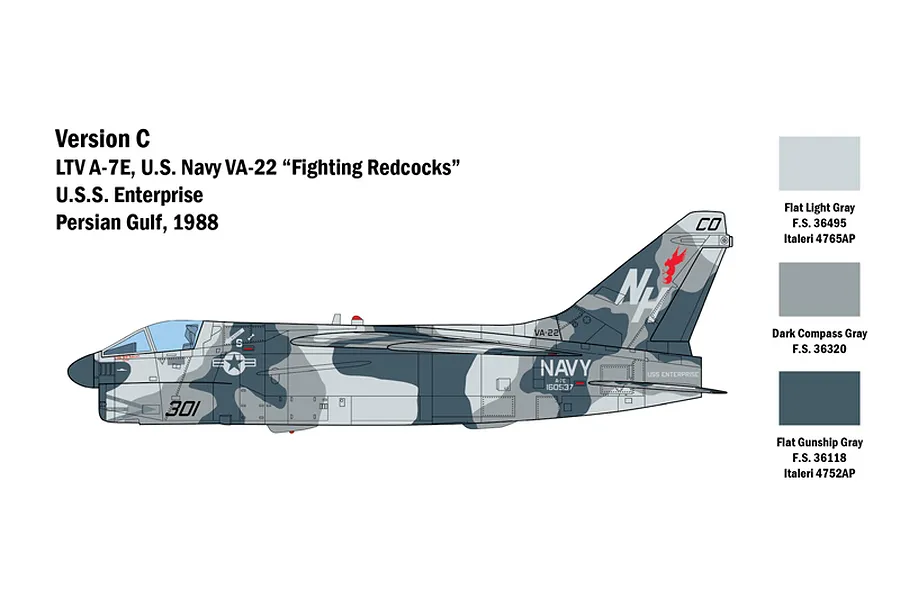 A side-profile illustration of an LTV A-7E Corsair II aircraft in a camouflage paint scheme, showing markings for VA-22 Fighting Redcocks.