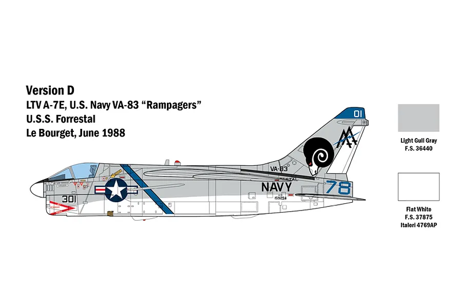 A technical illustration showing the side profile of an LTV A-7E Corsair II aircraft in US Navy VA-83 Rampagers livery, including color reference swatches.