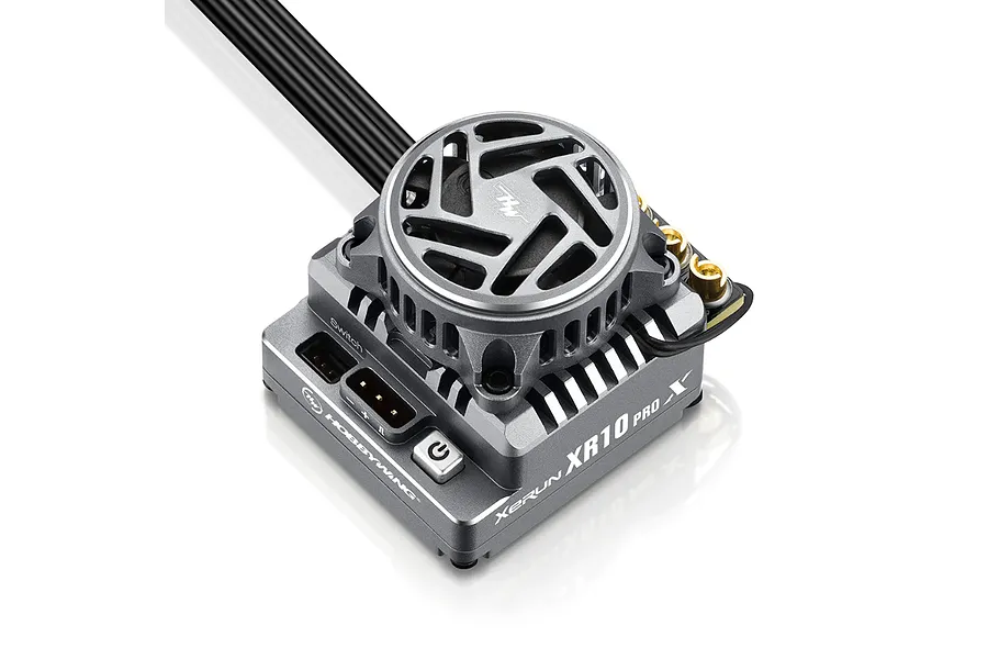 Hobbywing Xerun XR10 Pro G3X 160A brushless ESC with integrated cooling fan, featuring a sleek grey metal casing and black wiring.