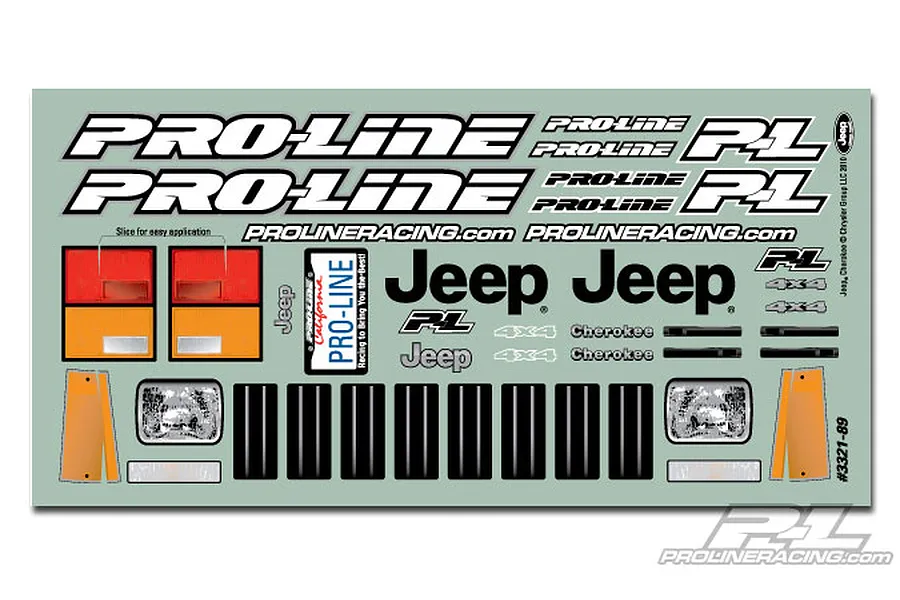 A decal sheet for a 1/10 scale Pro-Line 1992 Jeep Cherokee RC body, featuring logos, headlights, taillights, and grille details.