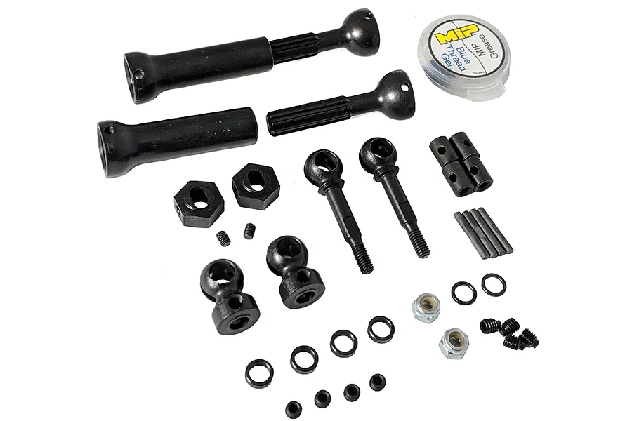 MIP Hardened Steel X-Duty CVD Rear Driveshaft set including two driveshafts, hardware, and MIP grease container on a white background.