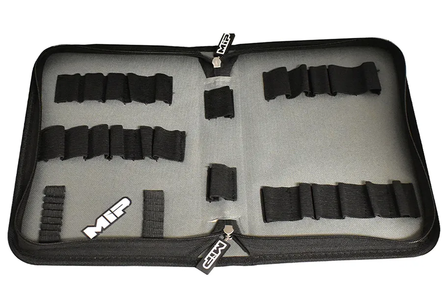 An open MIP foldable tool bag featuring grey interior lining with multiple black elastic tool loops and MIP branding on the zipper pulls and interior.