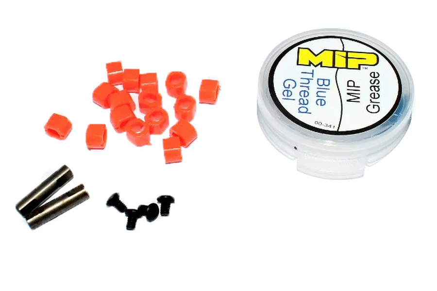 MIP No. 1.5 Pucks Rebuild Kit containing orange plastic pucks, two metal pins, small black screws, and a container of MIP Blue Thread Gel.