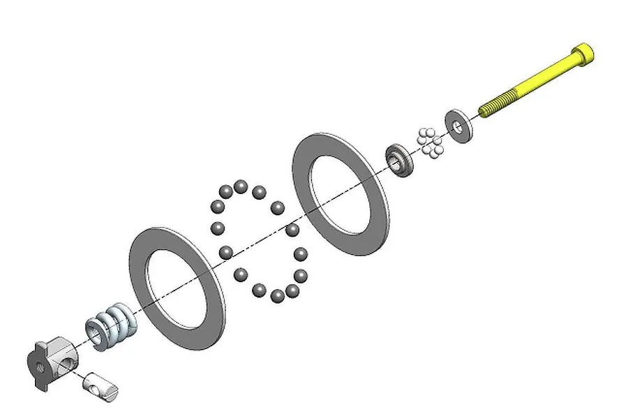Exploded view diagram of an RC car ball differential rebuild kit showing a bolt, spring, thrust bearing, and differential balls.