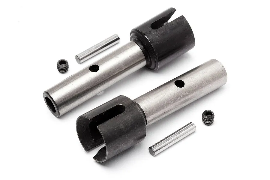 Two Maverick RC wheel axles with drive pins and grub screws on a white background.
