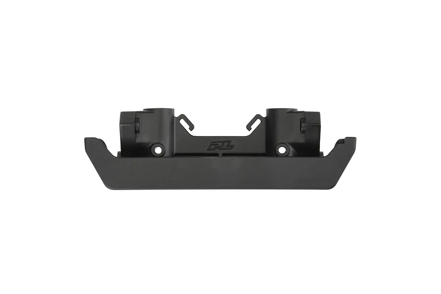 A black plastic RC crawler bumper with a matte finish and the Pro-Line PL logo embossed in the center, viewed from the front against a white background.