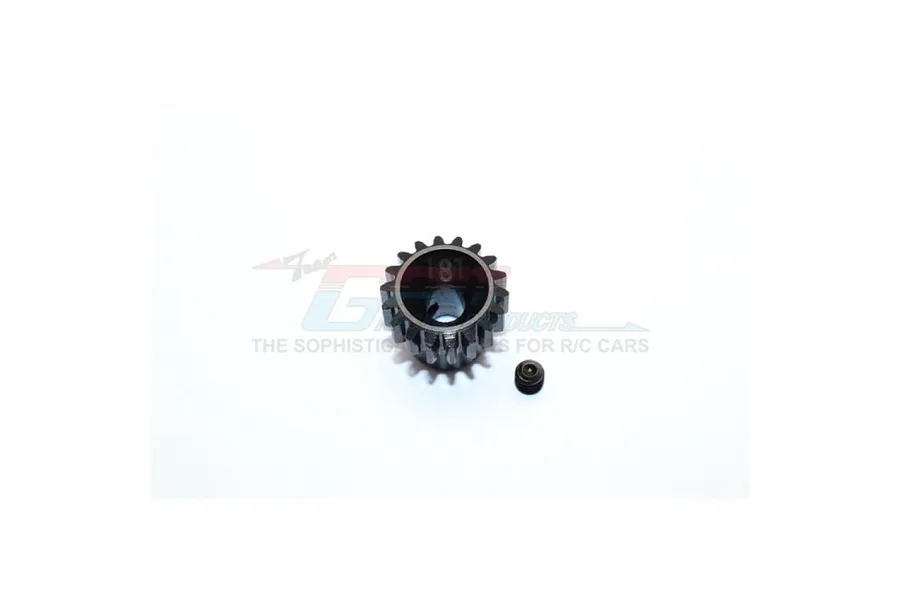 A GPM Racing 18T pinion gear made of steel, shown with a small grub screw on a white background.