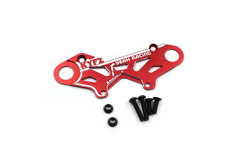 A red anodized aluminium bumper plate brace for RC cars by Yeah Racing, including four black screws and two small washers.