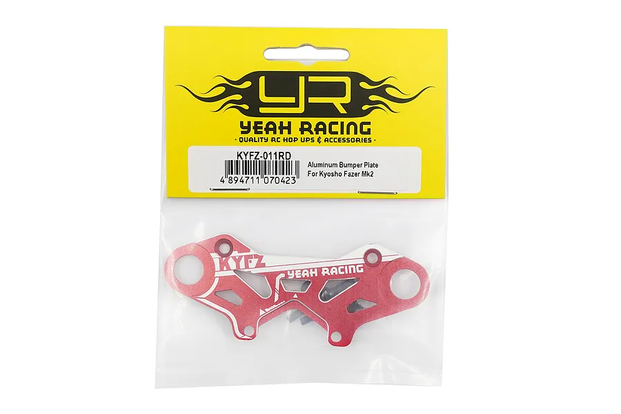 A red anodized aluminium bumper plate brace for Kyosho Fazer Mk2 by Yeah Racing, sealed in retail packaging.