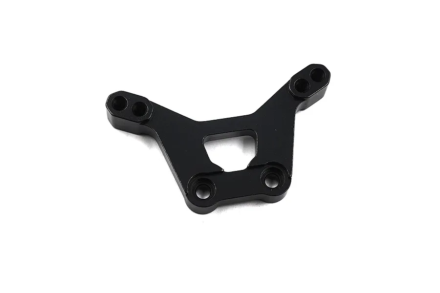 A black anodized aluminium front shock tower for an RC car, featuring mounting holes and a central cutout, isolated on a white background.