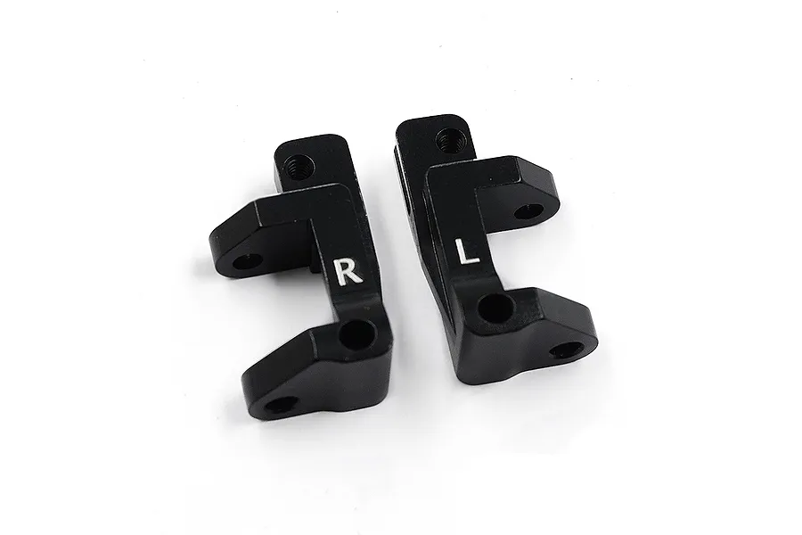 A pair of black anodized aluminium C-hub steering carriers for RC cars, marked with R and L for right and left sides.