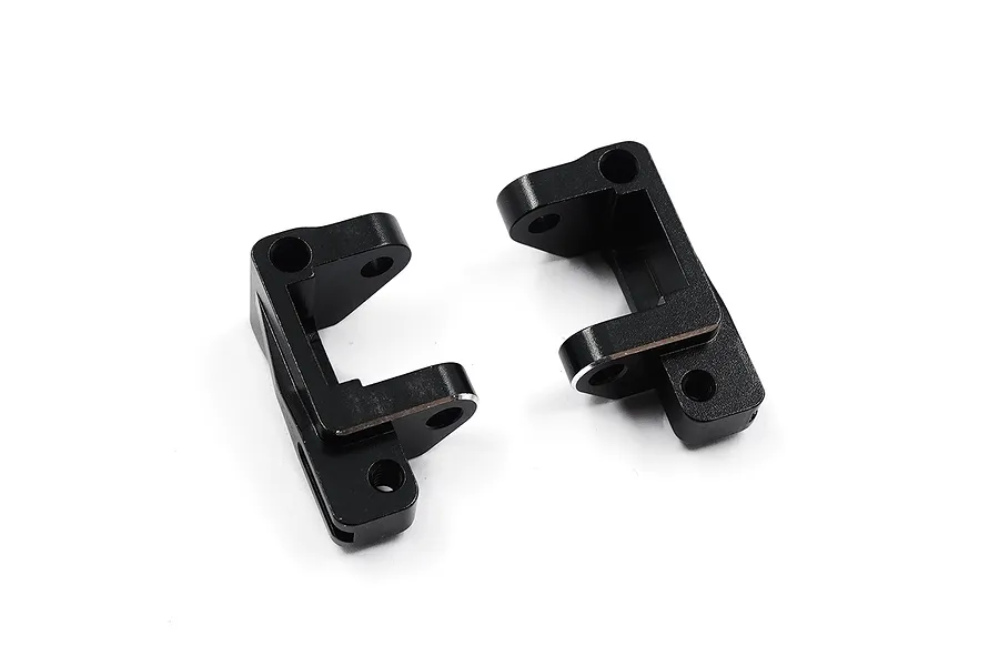 Two black aluminium C-hub steering carriers for RC cars, shown from different angles on a white background.