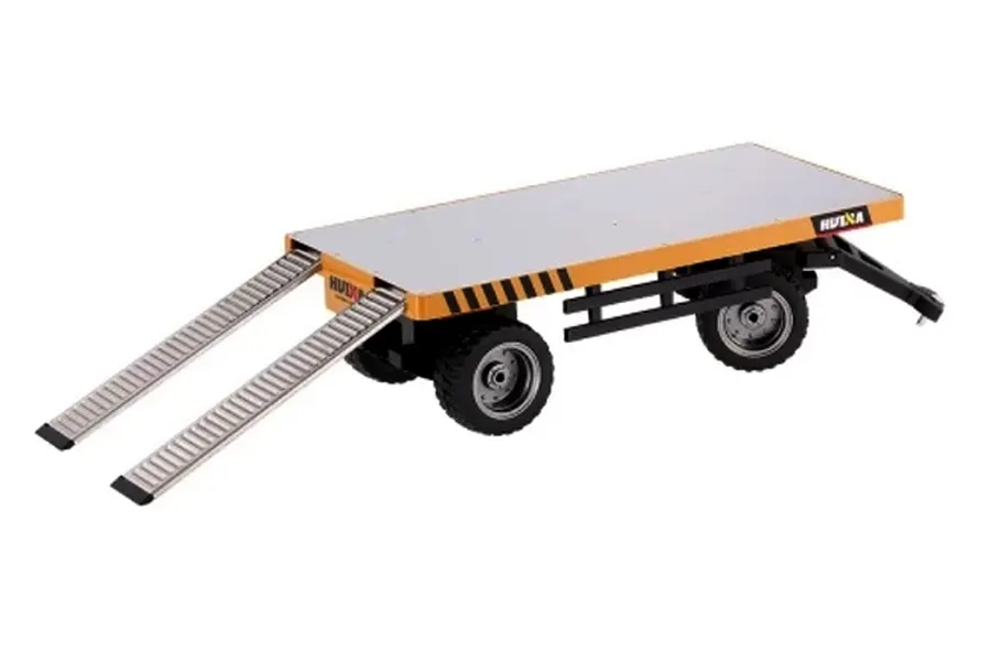 A HuiNa construction flatbed trailer with fold-down loading ramps, featuring a yellow and black design with four wheels.