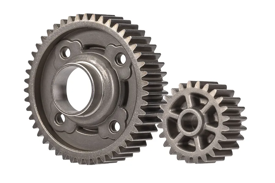 A Traxxas 47T/24T overdrive gear set consisting of one large gear and one smaller gear made of grey metal.