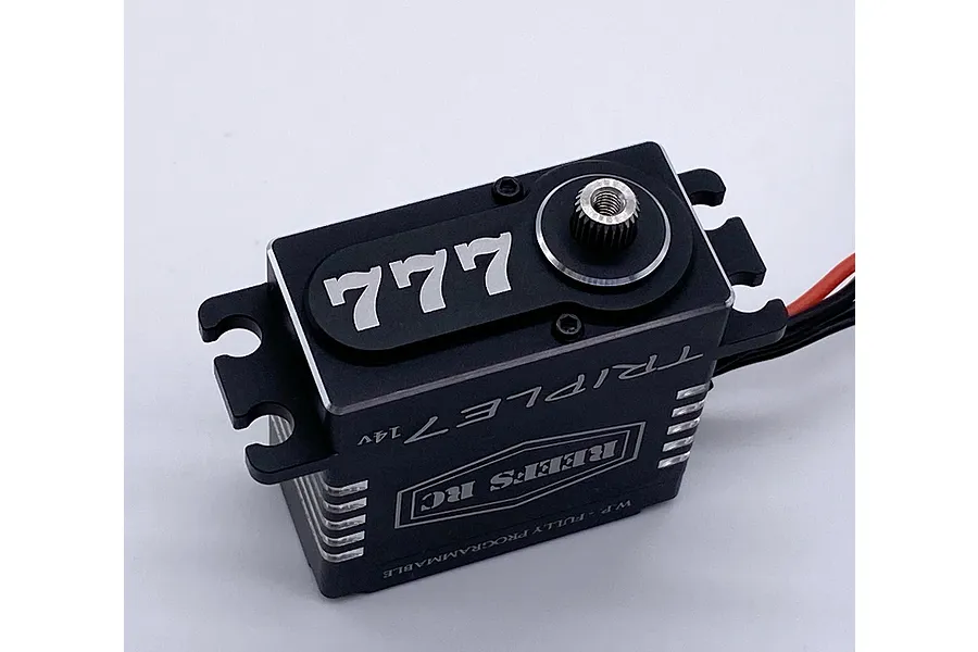 Reefs RC Triple 7 black metal gear servo with 777 branding on top, shown against a white background.