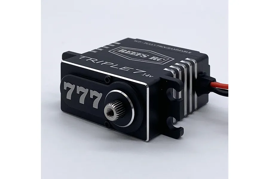 Reefs RC Triple 7 14V waterproof brushless metal geared servo in black finish, viewed from the front corner.