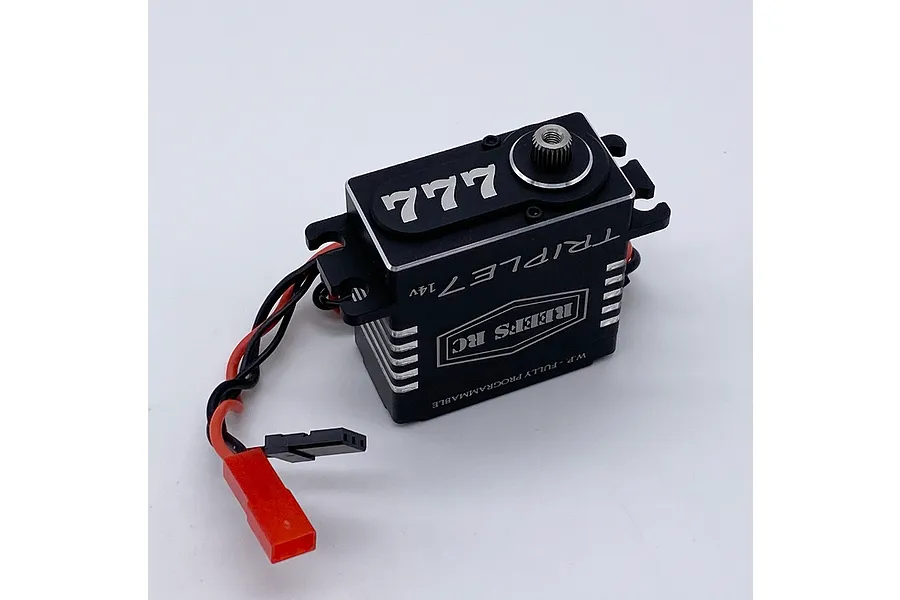 Reefs RC Triple 7 brushless metal geared servo in black, featuring a 14V rating and wiring with a red JST connector.