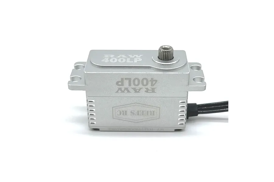 A silver Reefs RC Raw 400LP waterproof metal geared servo for RC vehicles, shown from the side against a white background.
