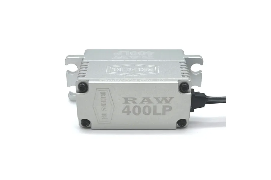 Reefs RC Raw 400LP low profile metal geared servo in silver finish, viewed from the side against a white background.