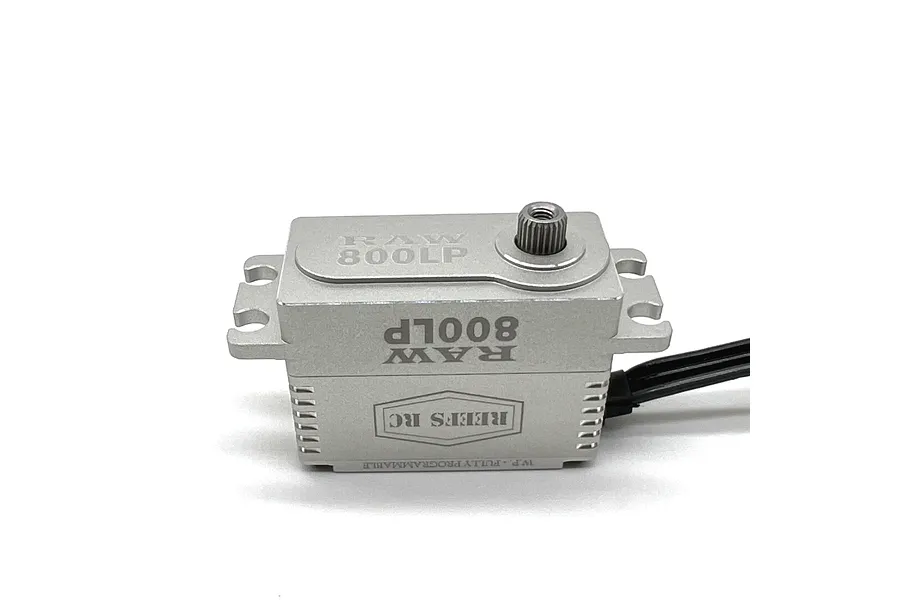 A silver Reefs RC Raw800LP low profile brushless servo with metal casing and black wiring, isolated on a white background.
