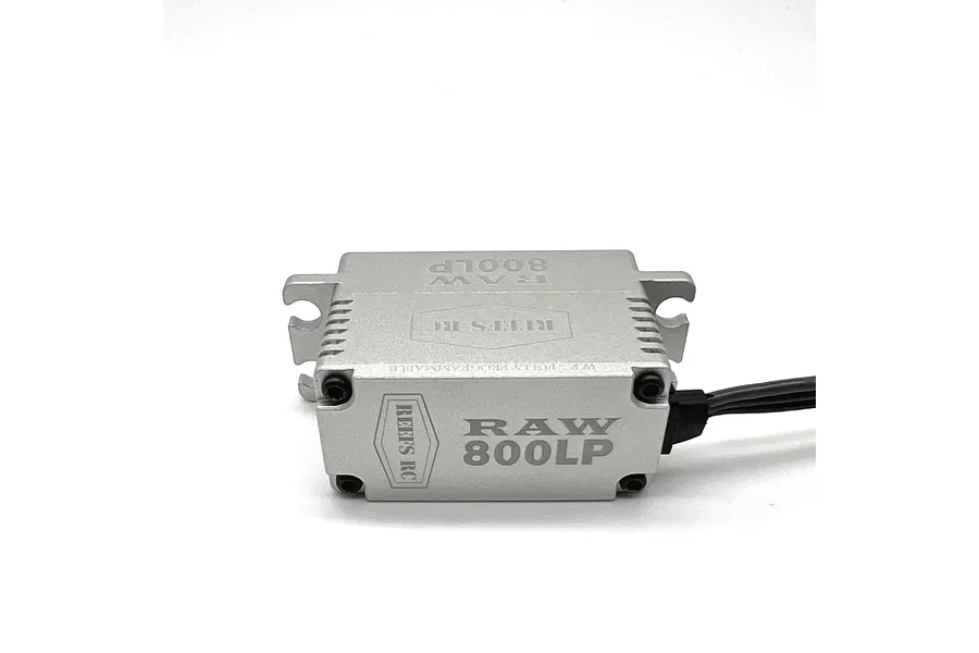 Reefs RC Raw800LP silver metal brushless servo for RC vehicles, shown from the side against a white background.