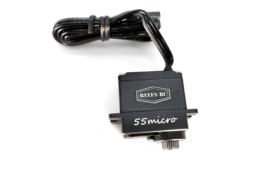 A black Reefs RC 55Micro sub-micro servo with a black wire and connector, isolated against a white background.