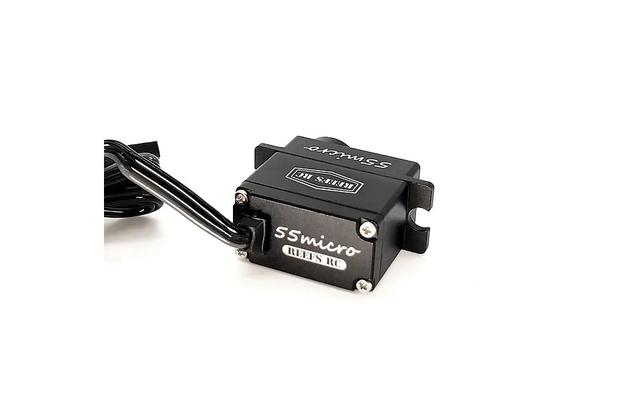 A black Reefs RC 55Micro sub-micro servo with metal casing and attached wiring, set against a plain white background.