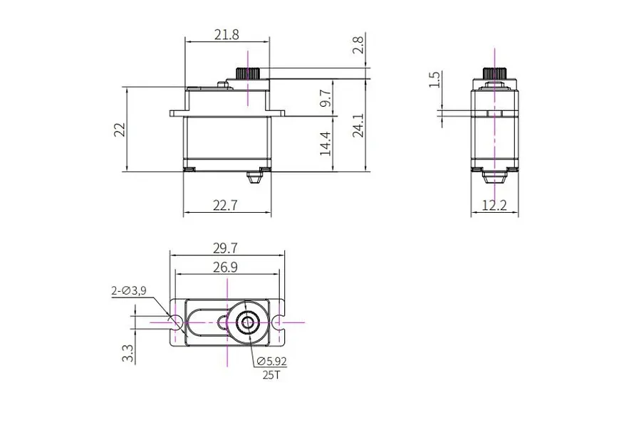 Technical dimension drawing of a sub-micro RC servo showing front, side, and top views with measurements in millimeters.