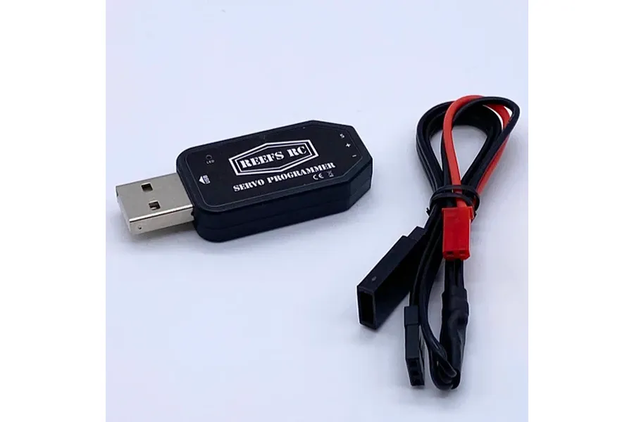 Reefs RC USB servo programmer device with a USB connector and a separate cable with JST and servo-style connectors.