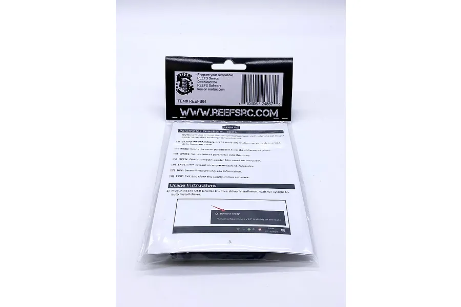 The back of a Reefs RC USB Link package showing instructional text and a barcode against a white background.