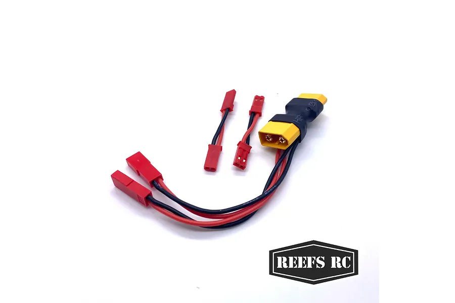 Reefs RC XT60 to dual JST adapter cable with two additional JST male-to-male extension leads on a white background.