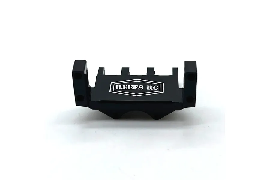A black aluminium Reefs RC servo mount for RC vehicles, featuring a laser-etched logo on a white background.