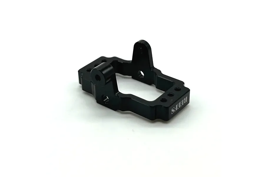 A black anodized aluminium servo mount for RC vehicles by Reefs RC, featuring mounting holes and engraved branding.