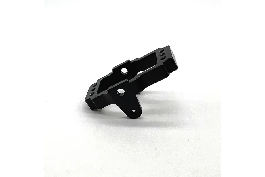 A black anodized aluminium RC servo mount from Reefs RC, shown from an angled perspective against a white background.