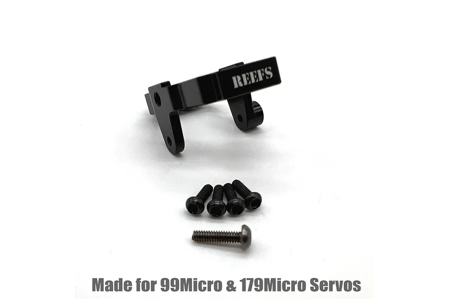 Black aluminium Reefs RC servo mount with mounting screws on a white background.