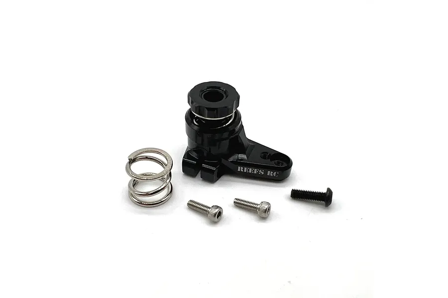 A black Reefs RC aluminium 25T servo saver assembly with an extra spring and three small metal screws on a white background.