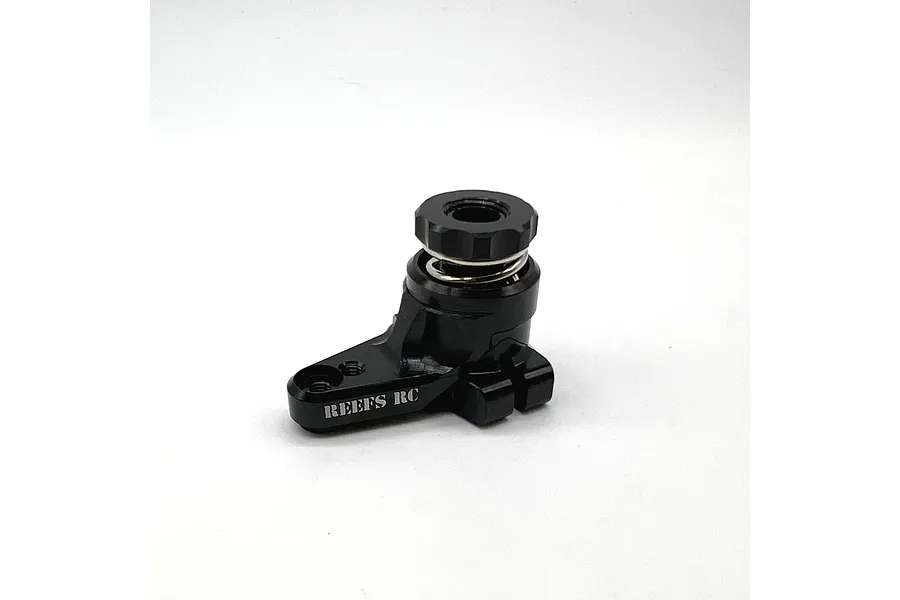 A black Reefs RC aluminium 25T servo saver shown from a side angle against a white background.