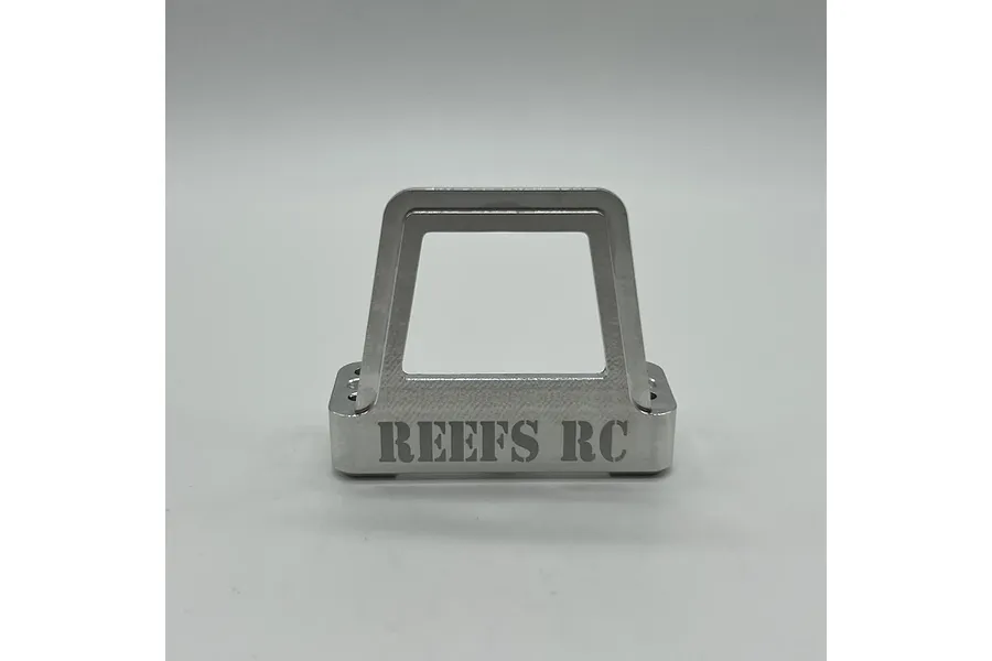 A silver aluminium Reefs RC servo shield with a rectangular cutout, viewed from the front against a plain white background.