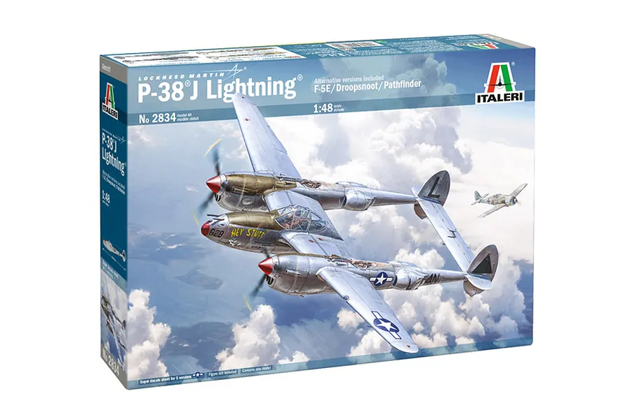 Italeri 1/48 scale P-38J Lightning plastic model kit box featuring an illustration of the fighter plane in flight.
