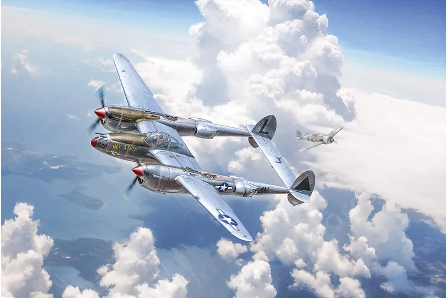Box art illustration of a P-38J Lightning fighter plane in flight over clouds, with a German fighter in the distance.