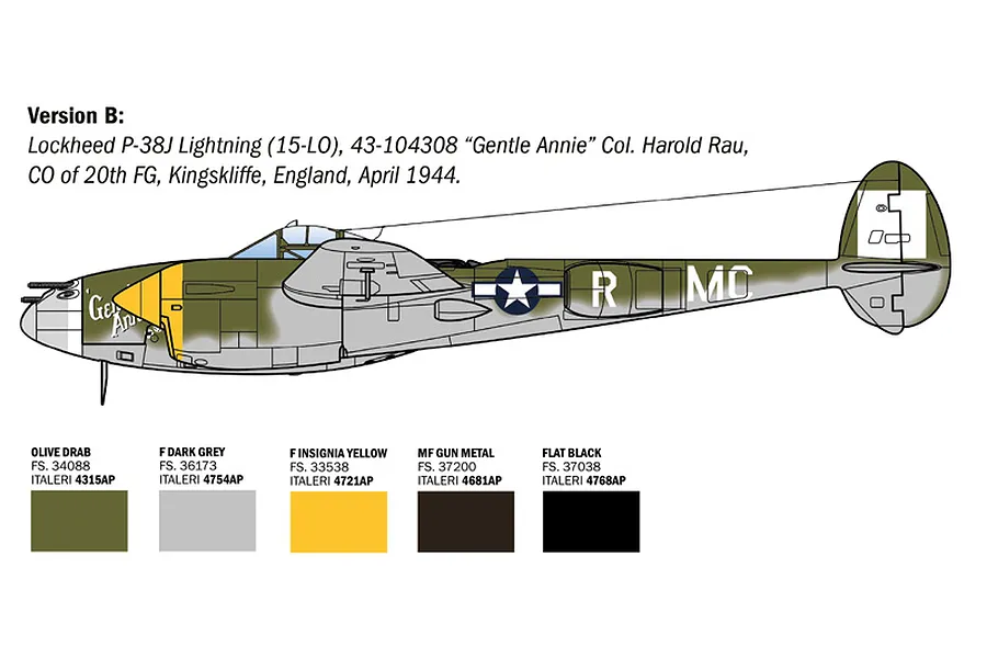 A technical illustration of a P-38J Lightning aircraft in olive drab and grey camouflage, showing paint color swatches for the model kit.